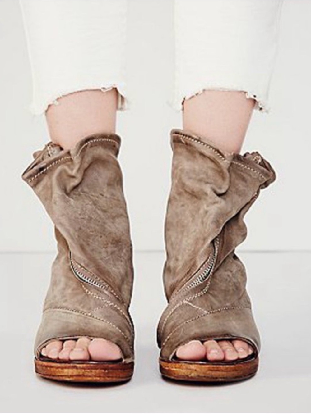 A.S.98 Brielle Gray Khaki Leather Fold-Over Peep-Toe Booties 38/8